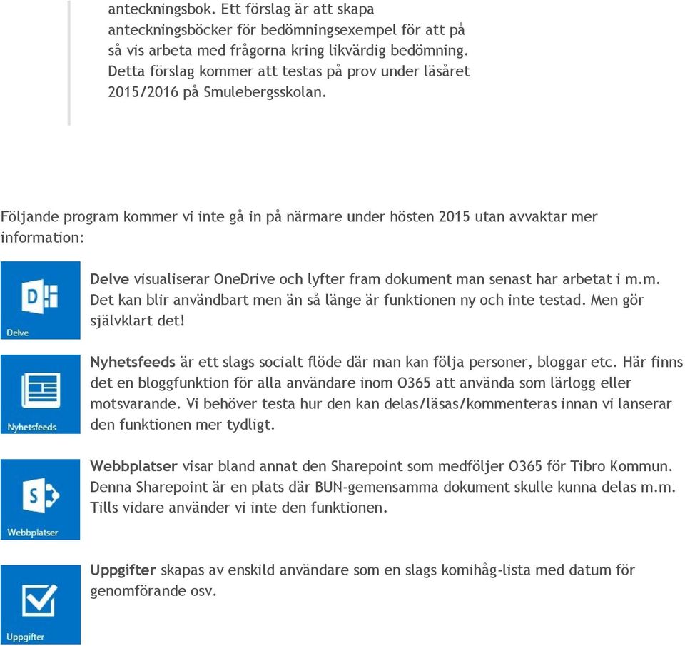 Följande program kommer vi inte gå in på närmare under hösten 2015 utan avvaktar mer information: Delve visualiserar OneDrive och lyfter fram dokument man senast har arbetat i m.m. Det kan blir användbart men än så länge är funktionen ny och inte testad.