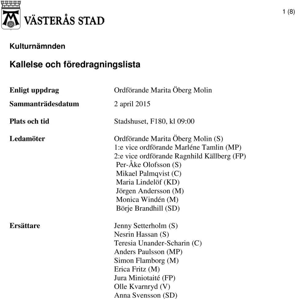 Källberg (FP) Per-Åke Olofsson (S) Mikael Palmqvist (C) Maria Lindelöf (KD) Jörgen Andersson (M) Monica Windén (M) Börje Brandhill (SD) Jenny