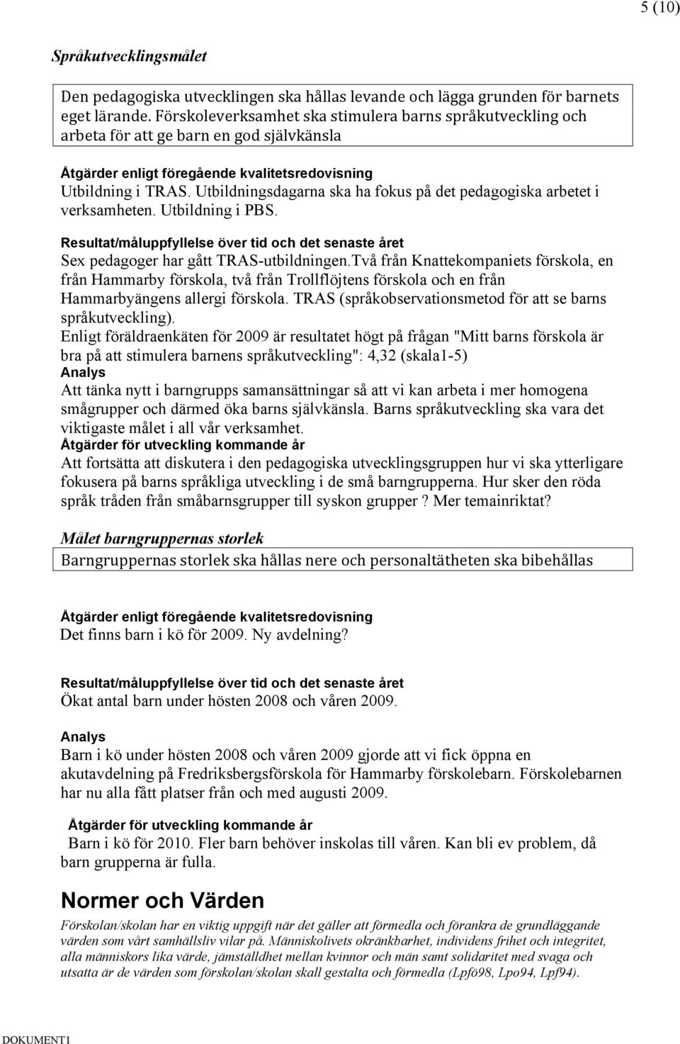 Utbildning i PBS. Sex pedagoger har gått TRAS-utbildningen.Två från Knattekompaniets förskola, en från Hammarby förskola, två från Trollflöjtens förskola och en från Hammarbyängens allergi förskola.