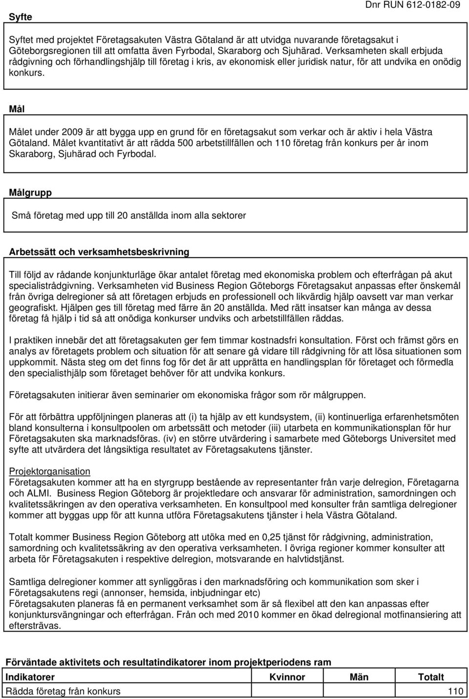 Mål Målet under 2009 är att bygga upp en grund för en företagsakut som verkar och är aktiv i hela Västra Götaland.