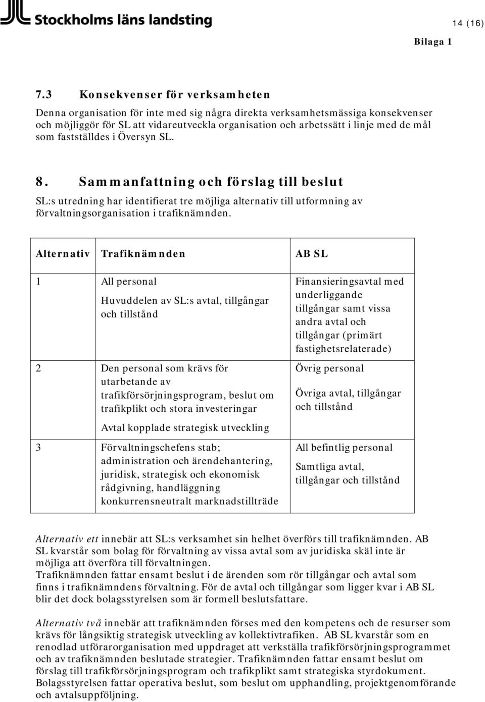 mål som fastställdes i Översyn SL. 8. Sammanfattning och förslag till beslut SL:s utredning har identifierat tre möjliga alternativ till utformning av förvaltningsorganisation i trafiknämnden.