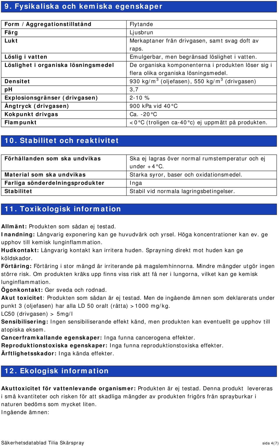 Densitet 930 kg/m 3 (oljefasen), 550 kg/m 3 (drivgasen) ph 3,7 Explosionsgränser (drivgasen) 2-10 % Ångtryck (drivgasen) 900 kpa vid 40 C Kokpunkt drivgas Ca.