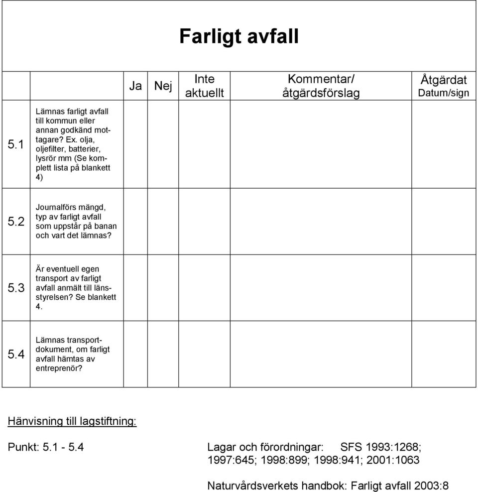 Se blankett 4. 5.4 Lämnas transportdokument, om farligt avfall hämtas av entreprenör? Hänvisning till lagstiftning: Punkt: 5.1-5.