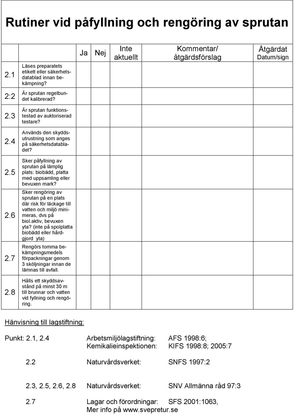 2.5 Sker påfyllning av sprutan på lämplig plats: biobädd, platta med uppsamling eller bevuxen mark? 2.