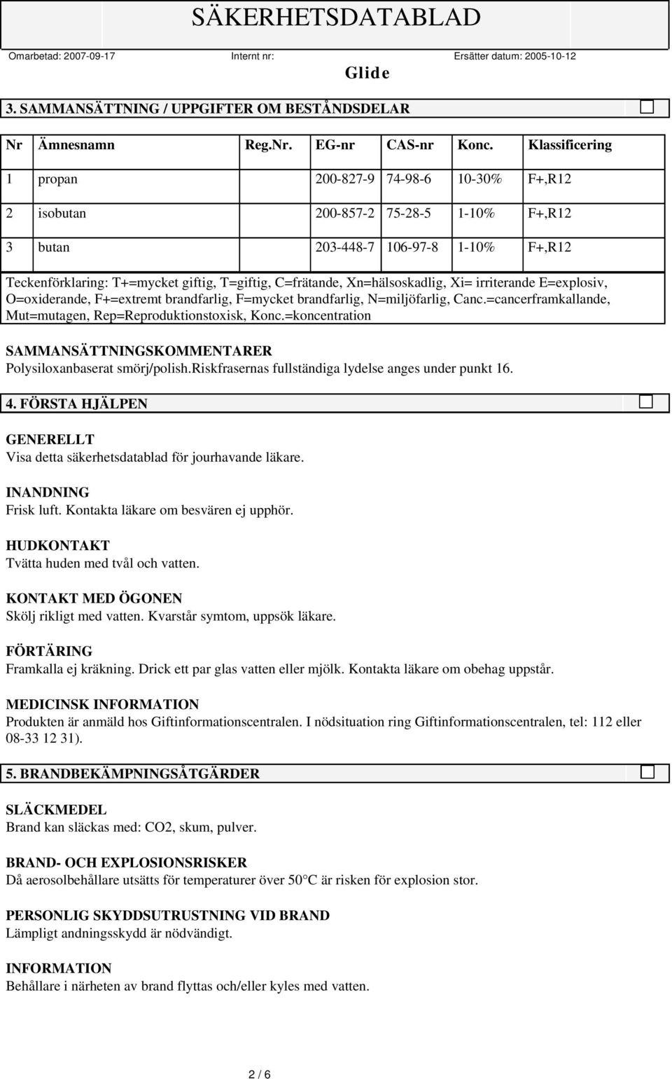 Xn=hälsoskadlig, Xi= irriterande E=explosiv, O=oxiderande, F+=extremt brandfarlig, F=mycket brandfarlig, N=miljöfarlig, Canc.=cancerframkallande, Mut=mutagen, Rep=Reproduktionstoxisk, Konc.