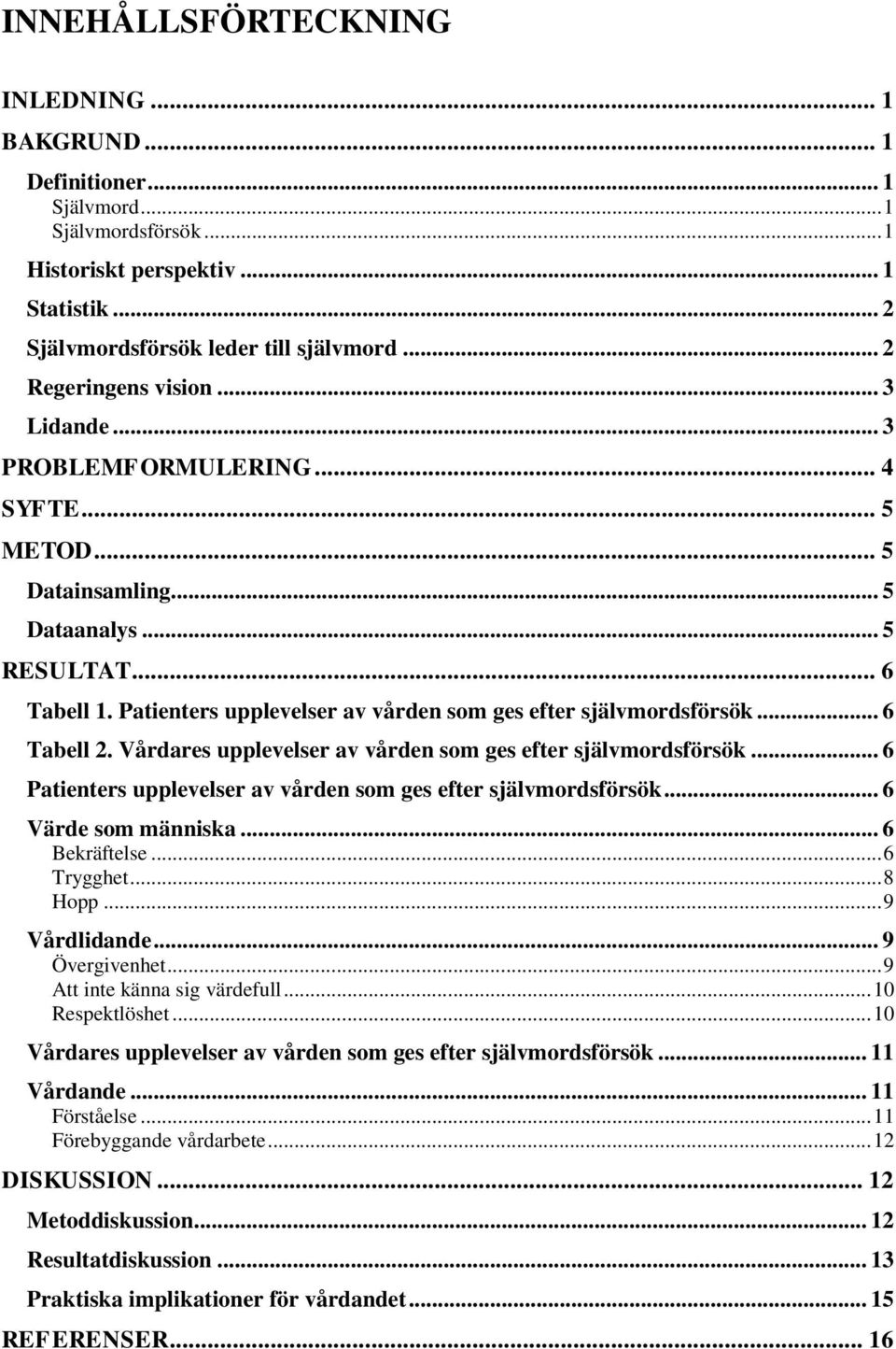 Patienters upplevelser av vården som ges efter självmordsförsök... 6 Tabell 2. Vårdares upplevelser av vården som ges efter självmordsförsök.