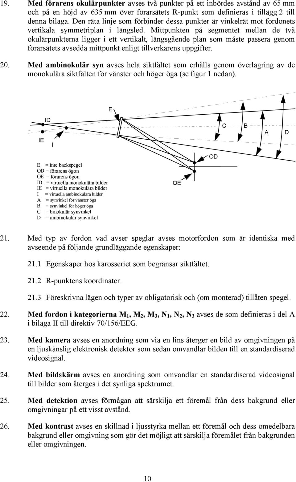 Mittpunkten på segmentet mellan de två okulärpunkterna ligger i ett vertikalt, längsgående plan som måste passera genom förarsätets avsedda mittpunkt enligt tillverkarens uppgifter. 20.