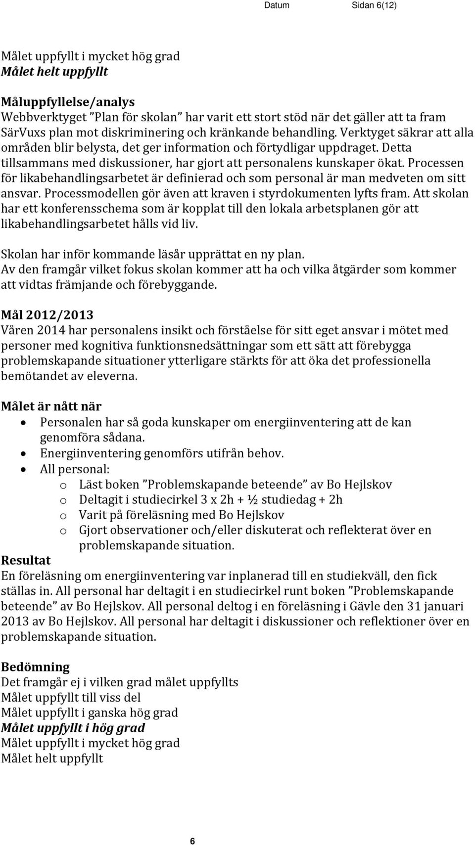 Processen för likabehandlingsarbetet är definierad och som personal är man medveten om sitt ansvar. Processmodellen gör även att kraven i styrdokumenten lyfts fram.