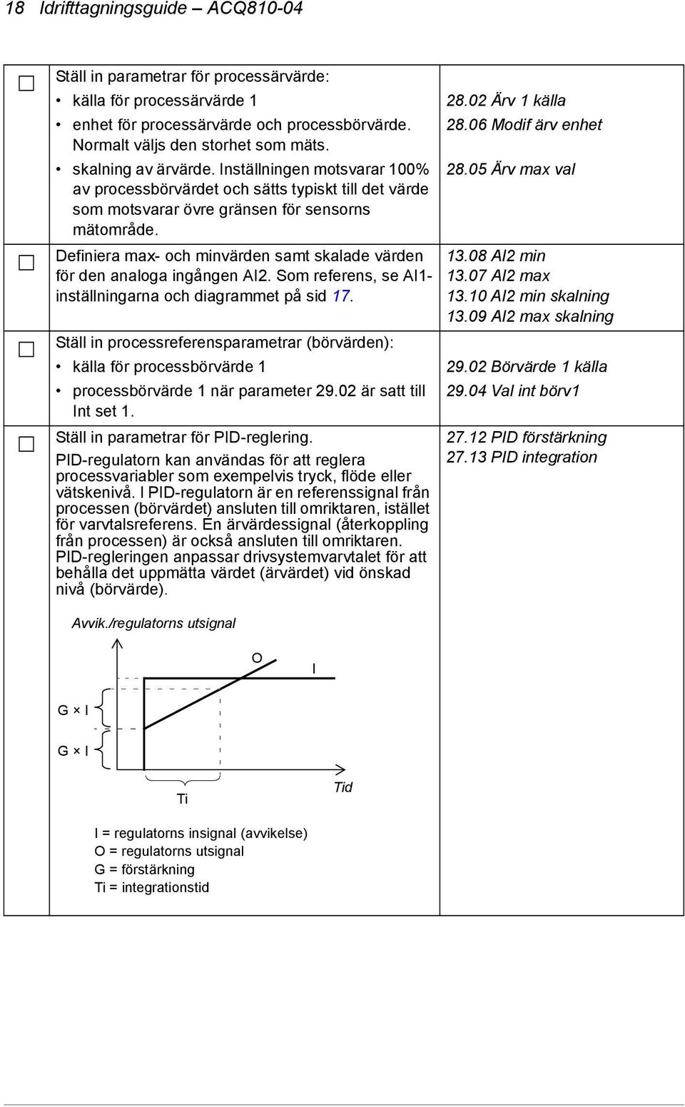 Definiera max- och minvärden samt skalade värden för den analoga ingången AI2. Som referens, se AI1- inställningarna och diagrammet på sid 17. 13.08 AI2 min 13.07 AI2 max 13.10 AI2 min skalning 13.