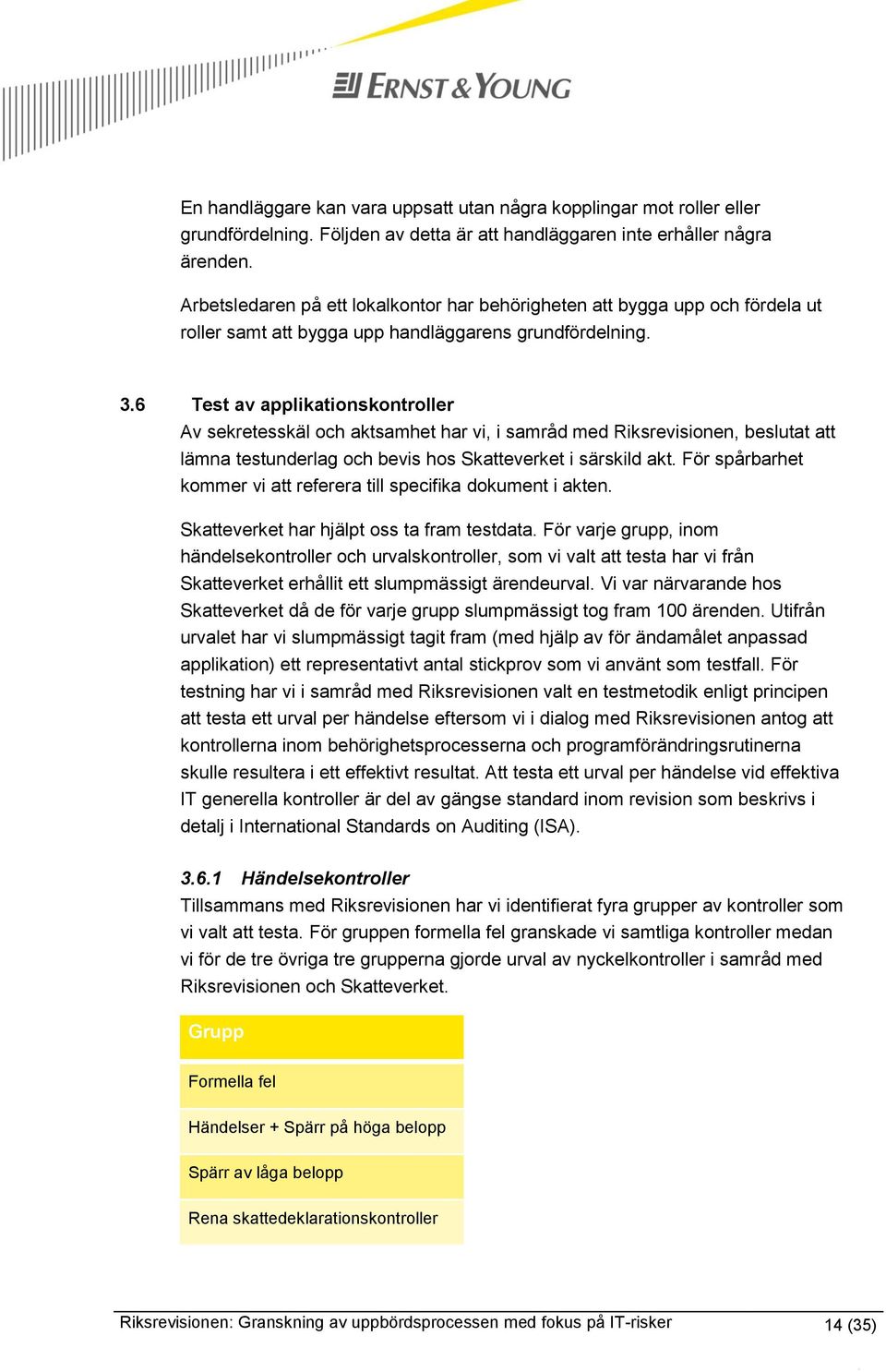 6 Test av applikationskontroller Av sekretesskäl och aktsamhet har vi, i samråd med Riksrevisionen, beslutat att lämna testunderlag och bevis hos Skatteverket i särskild akt.