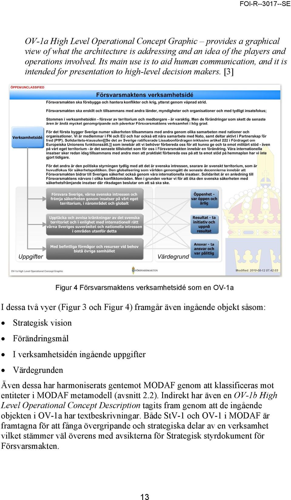 [3] Figur 4 Försvarsmaktens verksamhetsidé som en OV-1a I dessa två vyer (Figur 3 och Figur 4) framgår även ingående objekt såsom: Strategisk vision Förändringsmål I verksamhetsidén ingående