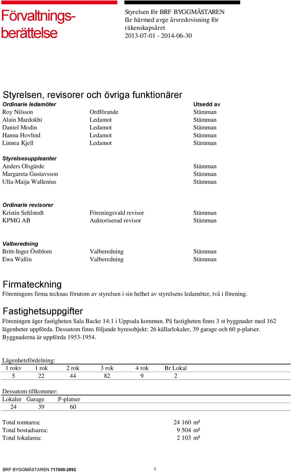 Gustavsson Ulla-Maija Wallenius Stämman Stämman Stämman Ordinarie revisorer Kristin Sehlstedt Föreningsvald revisor Stämman KPMG AB Auktoriserad revisor Stämman Valberedning Britt-Inger Östblom