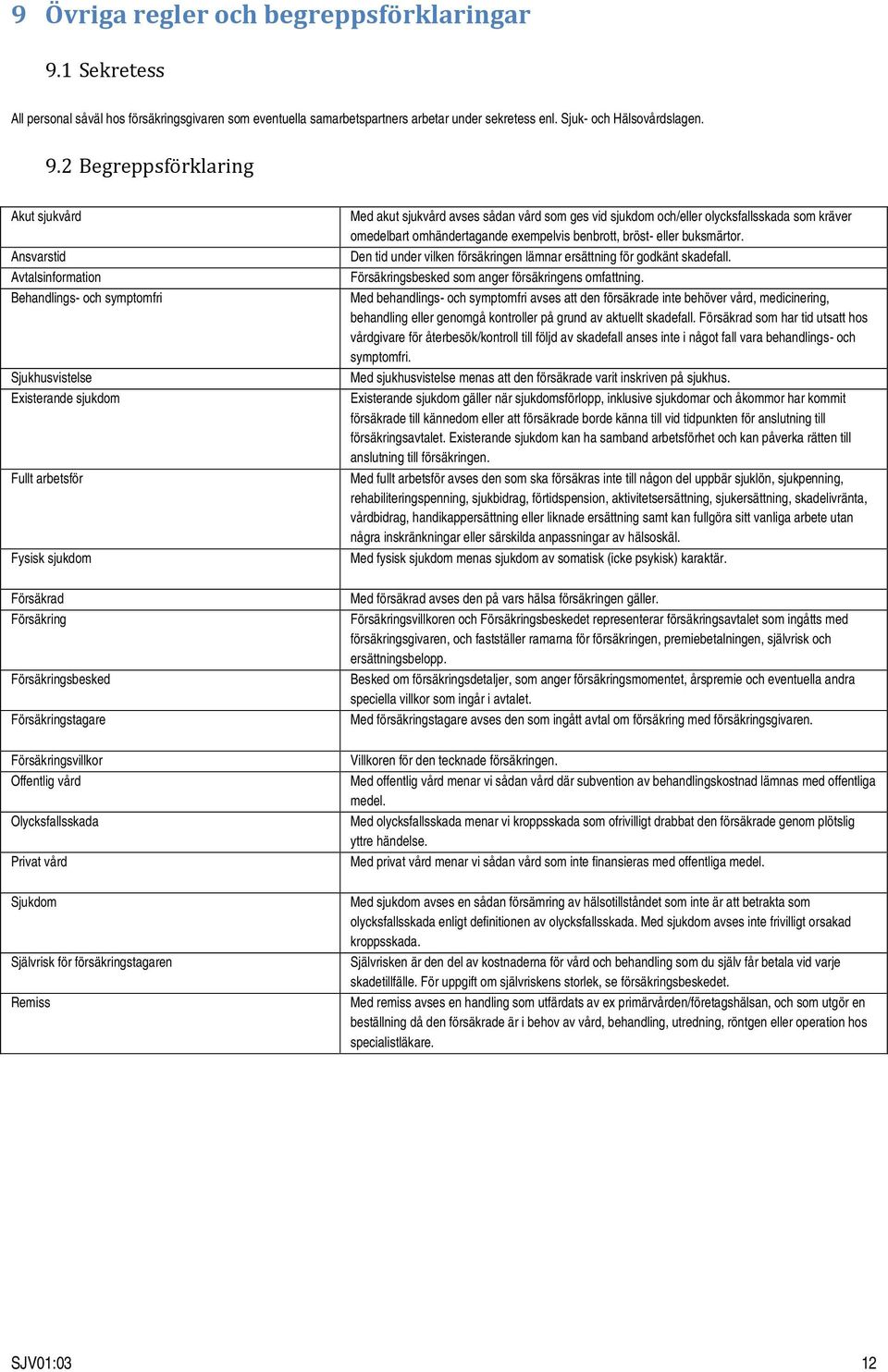 2 Begreppsförklaring Akut sjukvård Ansvarstid Avtalsinformation Behandlings- och symptomfri Sjukhusvistelse Existerande sjukdom Fullt arbetsför Fysisk sjukdom Med akut sjukvård avses sådan vård som