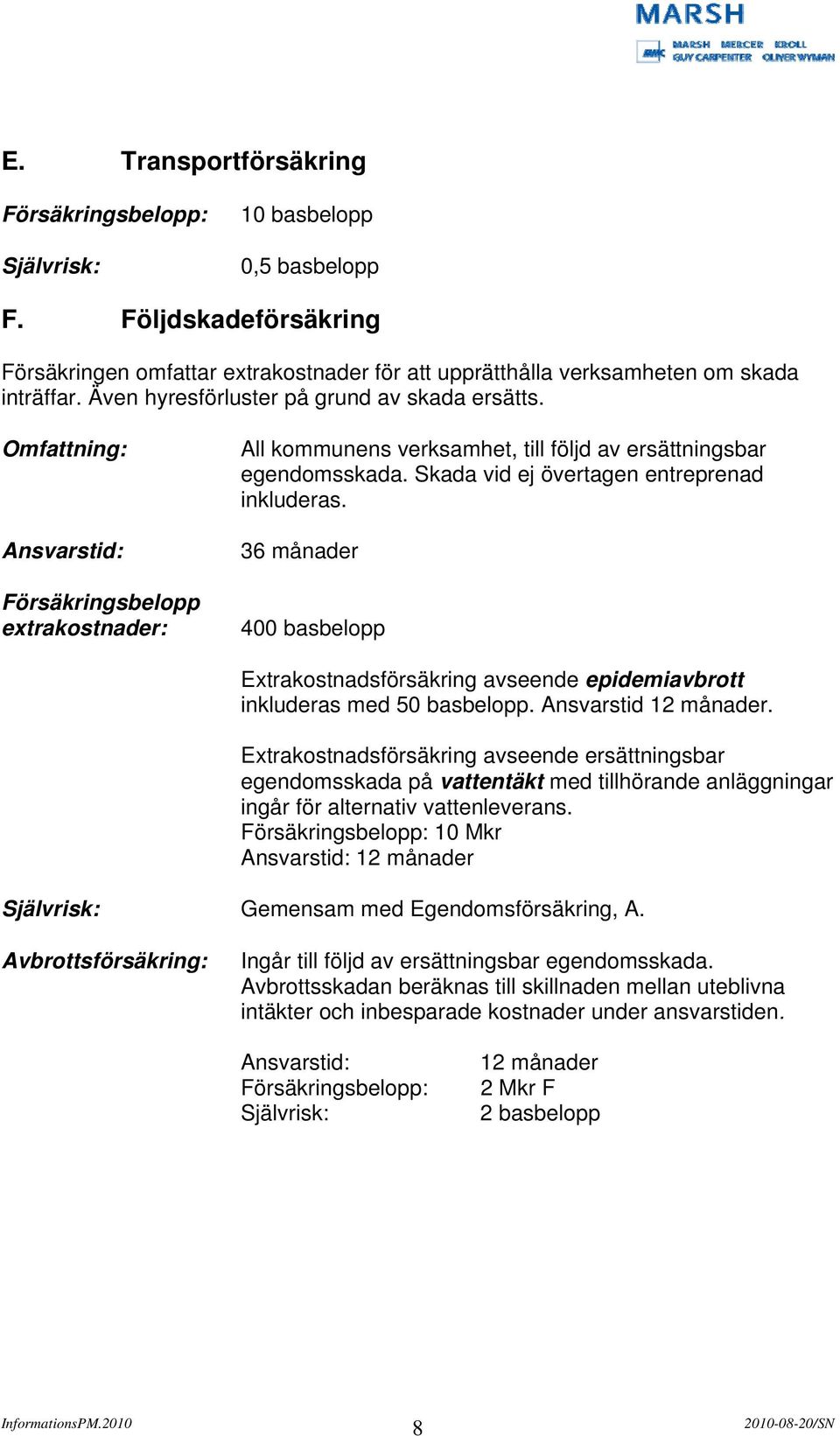 Skada vid ej övertagen entreprenad inkluderas. 36 månader 400 basbelopp Extrakostnadsförsäkring avseende epidemiavbrott inkluderas med 50 basbelopp. Ansvarstid 12 månader.