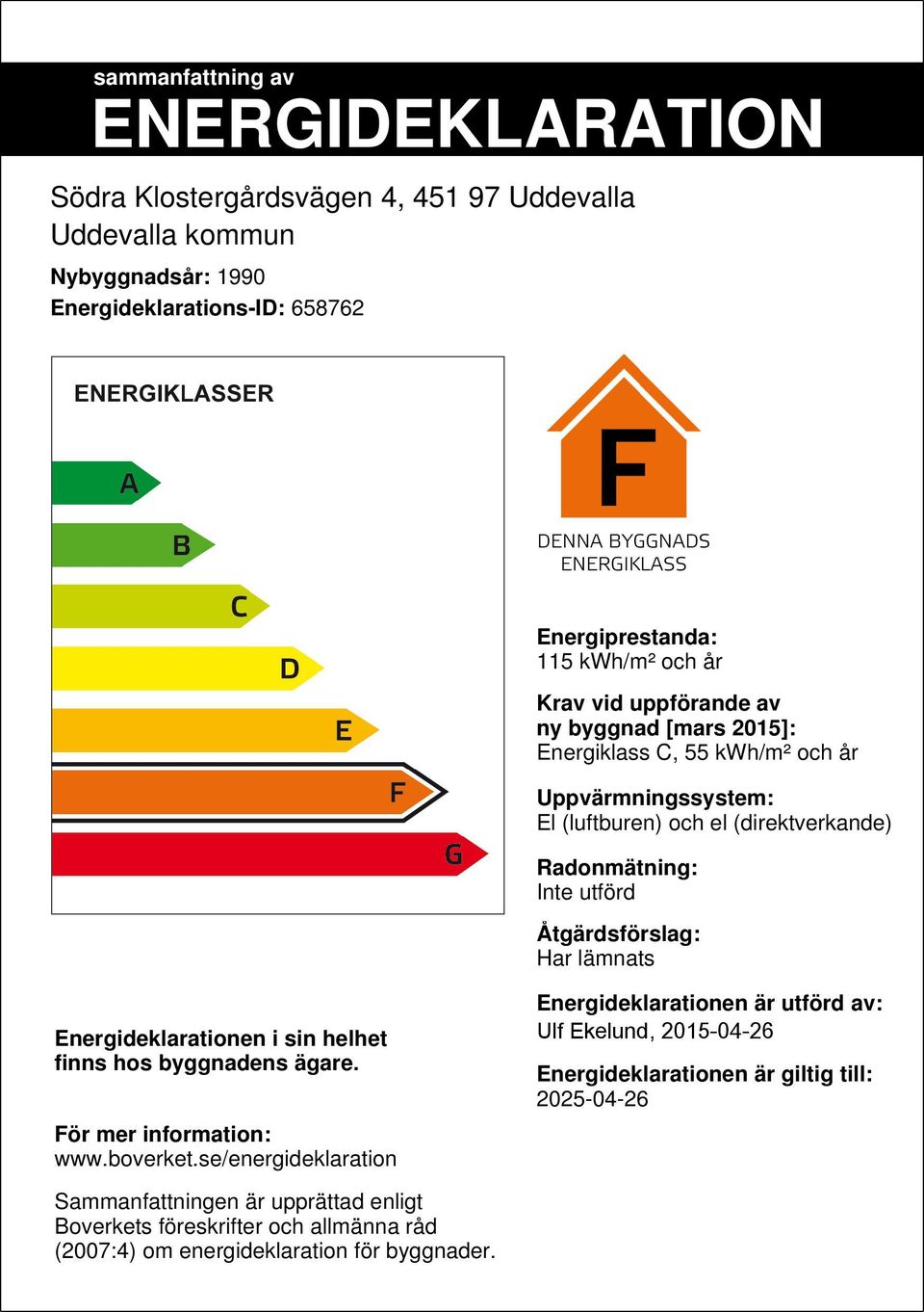 Har lämnats Energideklarationen i sin helhet finns hos byggnadens ägare. För mer information: www.boverket.