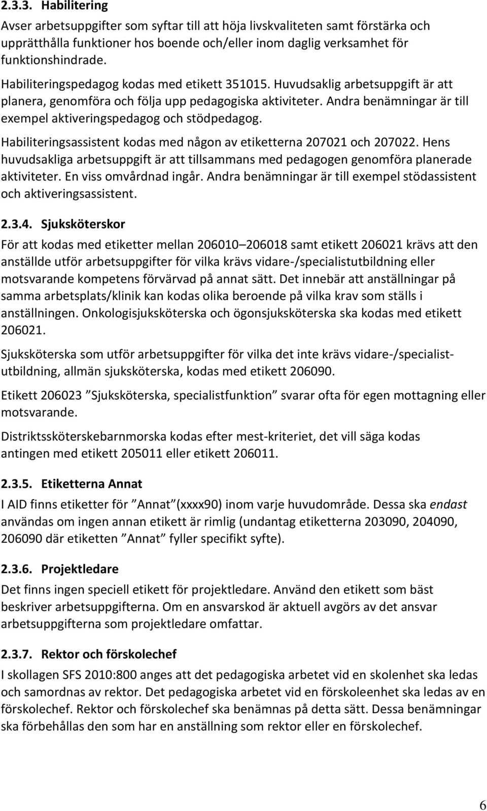 Andra benämningar är till exempel aktiveringspedagog och stödpedagog. Habiliteringsassistent kodas med någon av etiketterna 207021 och 207022.