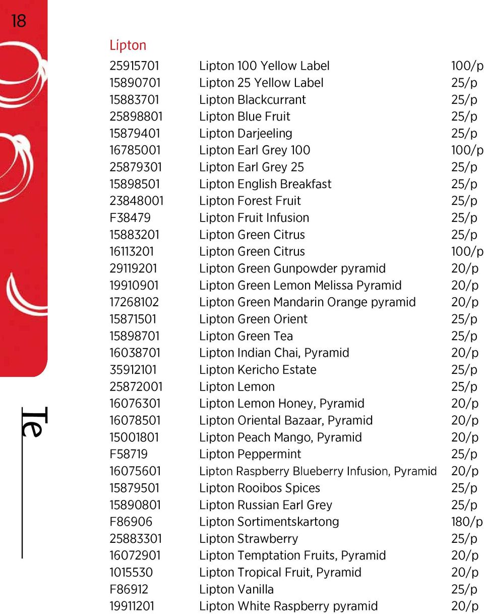 25/p 16113201 Lipton Green Citrus 100/p 29119201 Lipton Green Gunpowder pyramid 20/p 19910901 Lipton Green Lemon Melissa Pyramid 20/p 17268102 Lipton Green Mandarin Orange pyramid 20/p 15871501