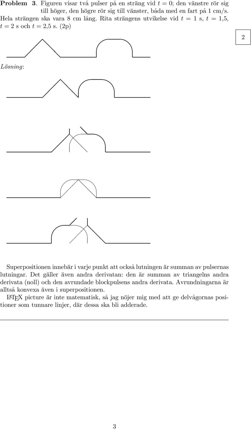 (p) Superpositionen innebär i varje punkt att också lutningen är summan av pulsernas lutningar.