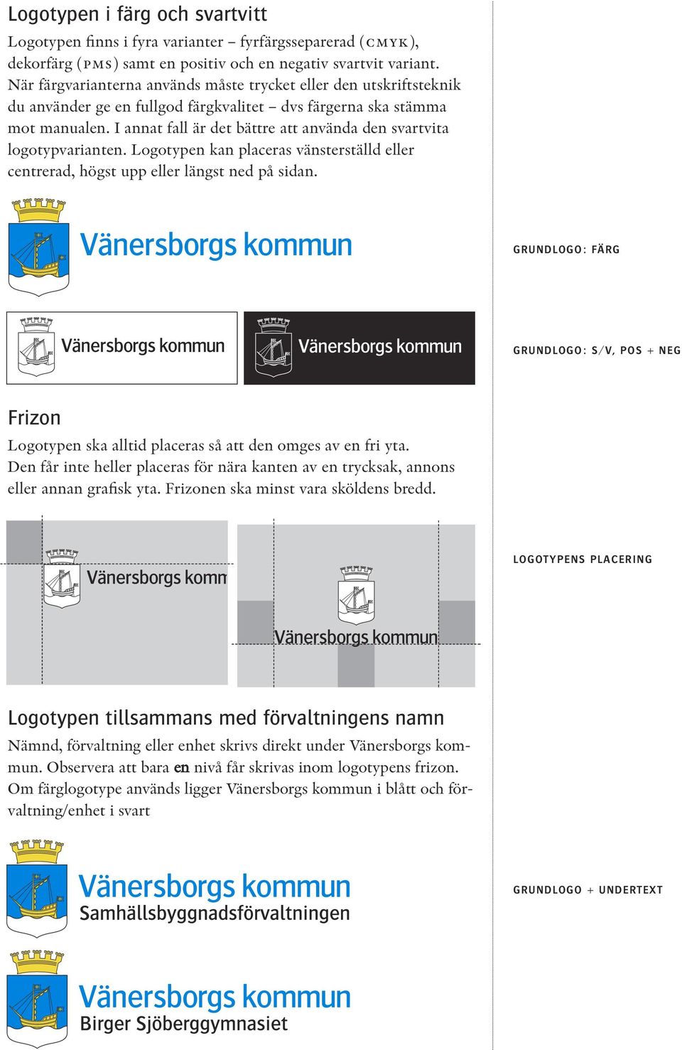 I annat fall är det bättre att använda den svartvita logotypvarianten. Logotypen kan placeras vänsterställd eller centrerad, högst upp eller längst ned på sidan.