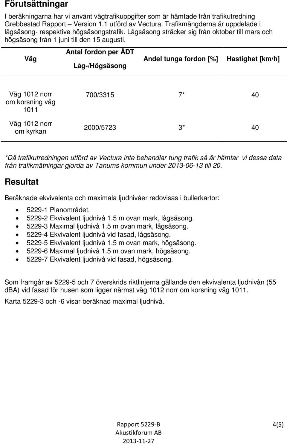 Väg Antal fordon per ÅDT Låg-/Högsäsong Andel tunga fordon [%] Hastighet [km/h] Väg 1012 norr om korsning väg 1011 Väg 1012 norr om kyrkan 700/3315 7* 40 2000/5723 3* 40 *Då trafikutredningen utförd