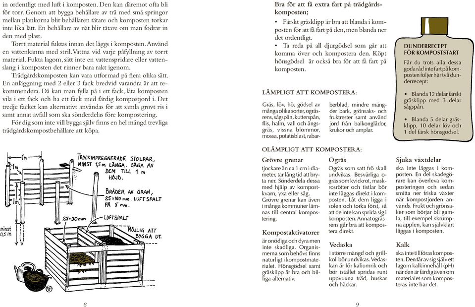 Fukta lagom, sätt inte en vattenspridare eller vattenslang i komposten det rinner bara rakt igenom. Trädgårdskomposten kan vara utformad på flera olika sätt.