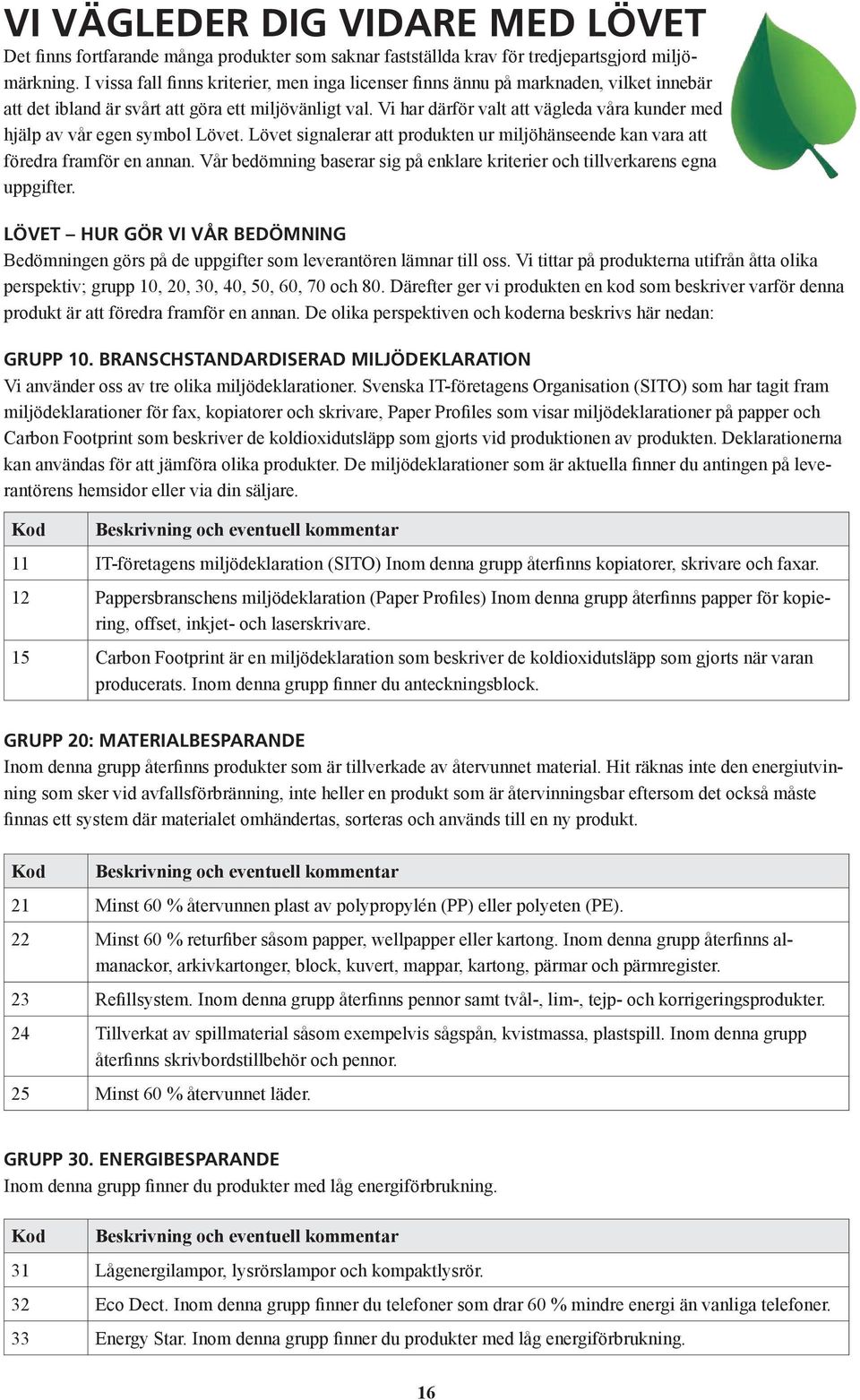 Vi har därför valt att vägleda våra kunder med hjälp av vår egen symbol Lövet. Lövet signalerar att produkten ur miljöhänseende kan vara att föredra framför en annan.