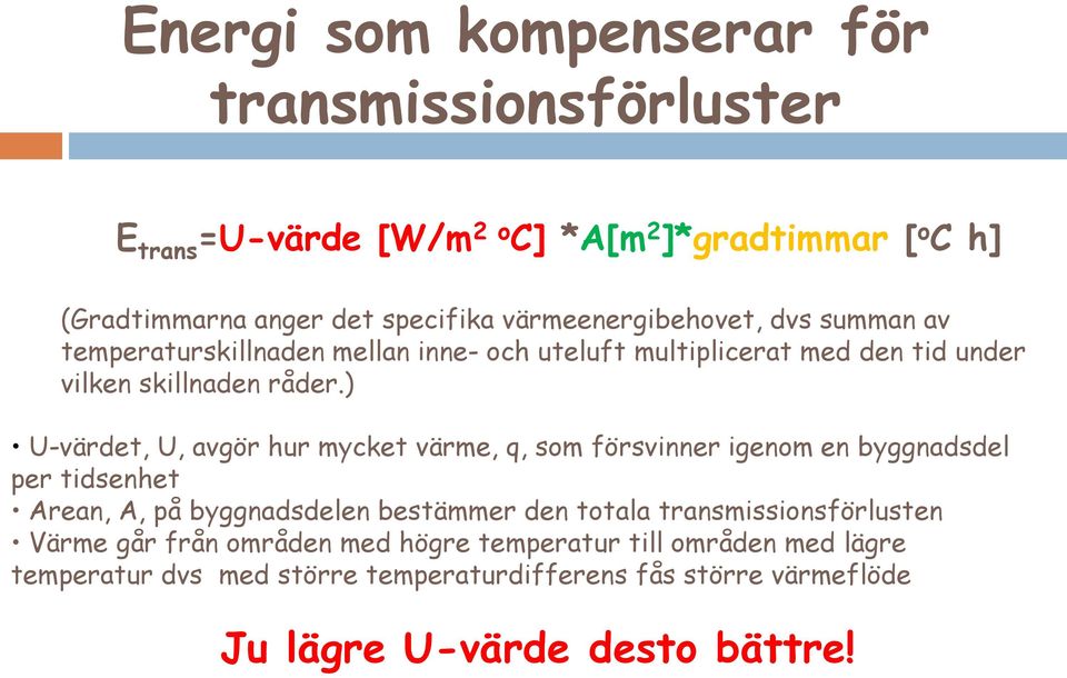 ) U-värdet, U, avgör hur mycket värme, q, som försvinner igenom en byggnadsdel per tidsenhet Arean, A, på byggnadsdelen bestämmer den totala