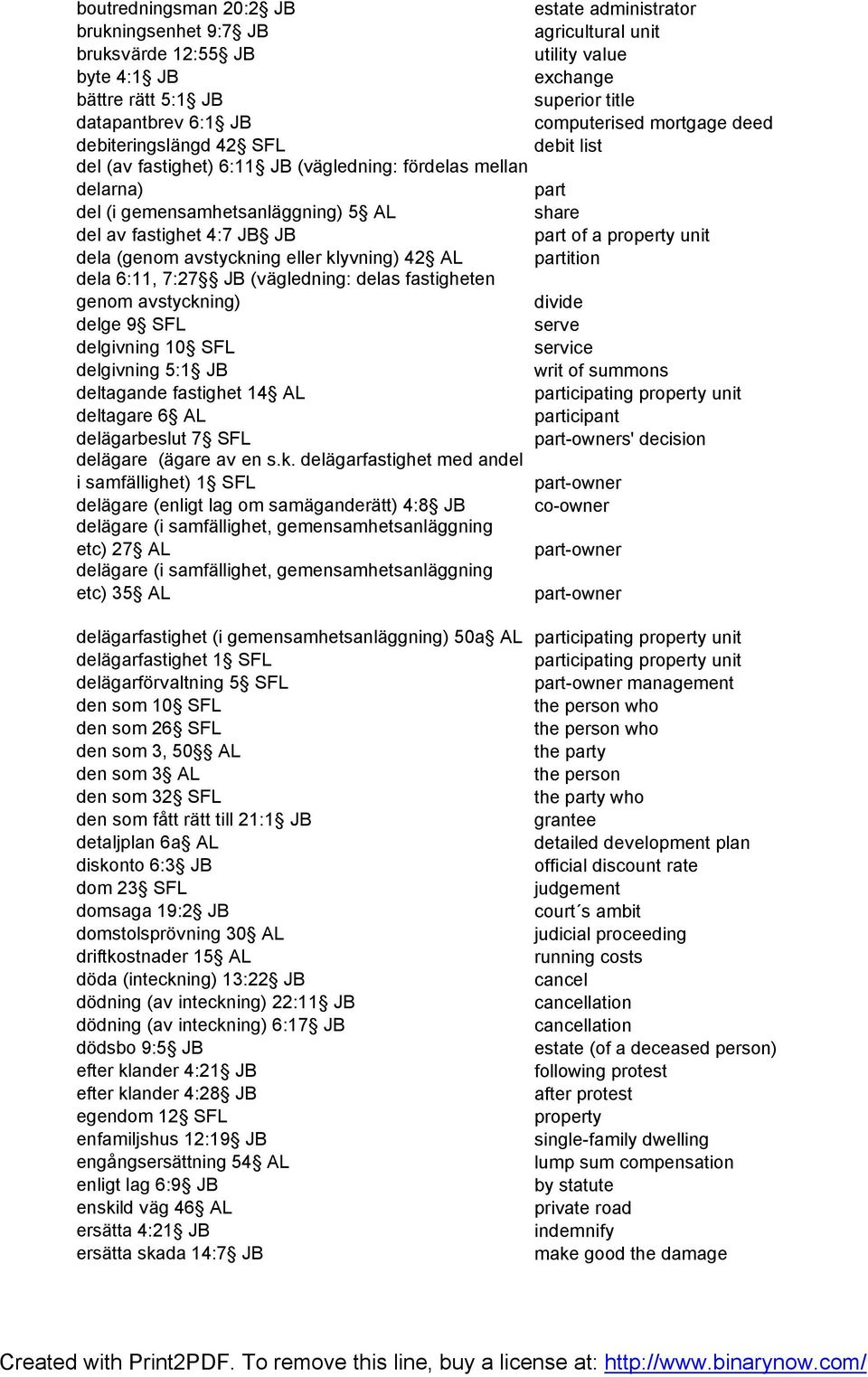 JB part of a property unit dela (genom avstyckning eller klyvning) 42 AL partition dela 6:11, 7:27 JB (vägledning: delas fastigheten genom avstyckning) divide delge 9 SFL serve delgivning 10 SFL