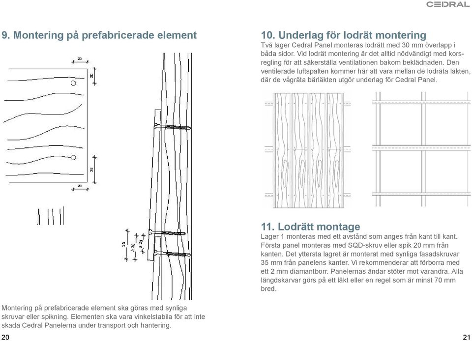 Den ventilerade luftspalten kommer här att vara mellan de lodräta läkten, där de vågräta bärläkten utgör underlag för Cedral Panel.