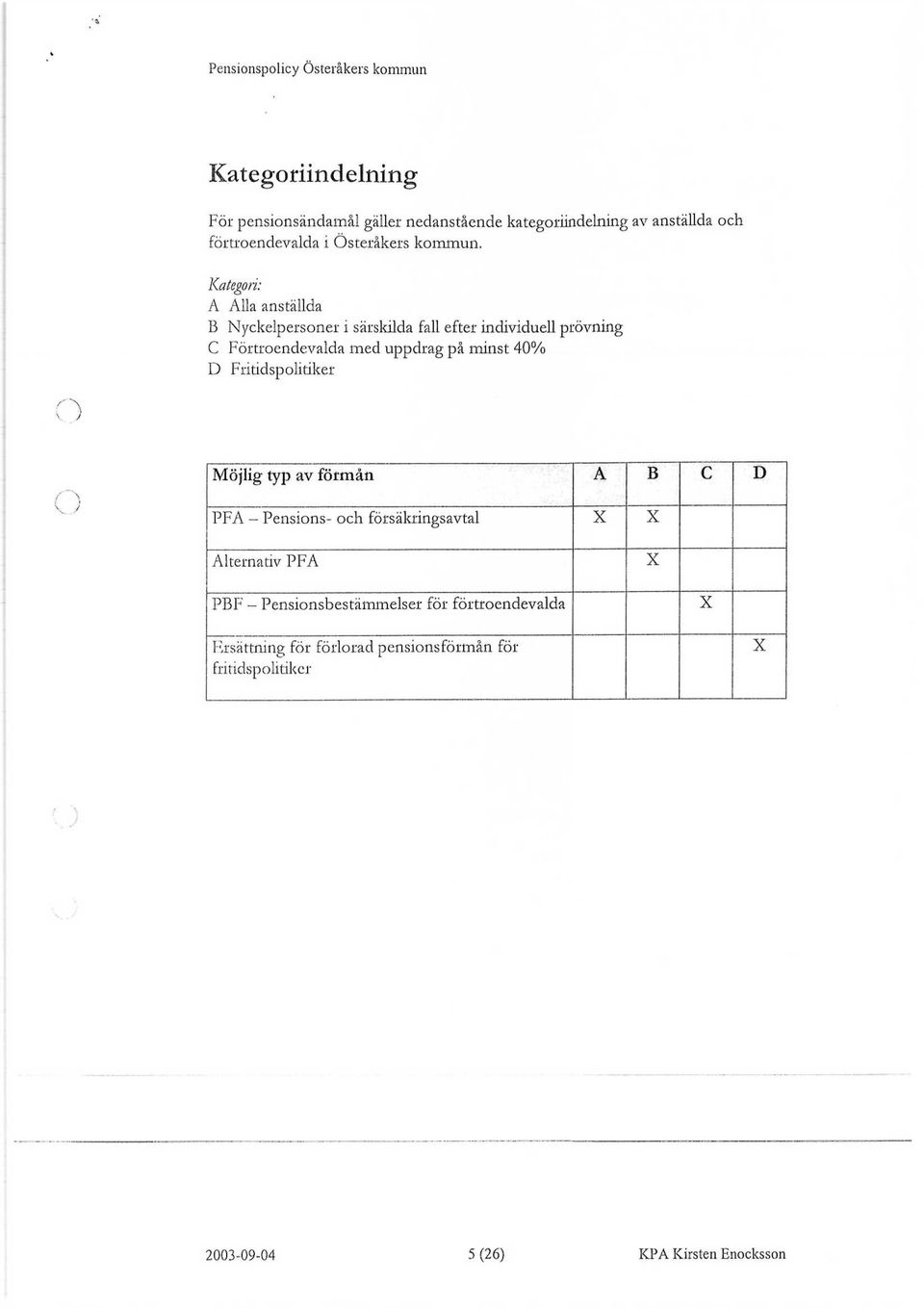 40% D Fritidspolitiker V ) Möjlig typ av förmån A B c D PFA - Pensions- och försäkringsavtal X X Alternativ PFA X PBF -