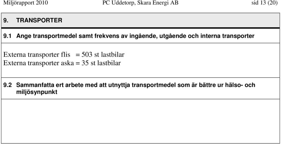 Externa transporter flis = 503 st lastbilar Externa transporter aska = 35 st lastbilar