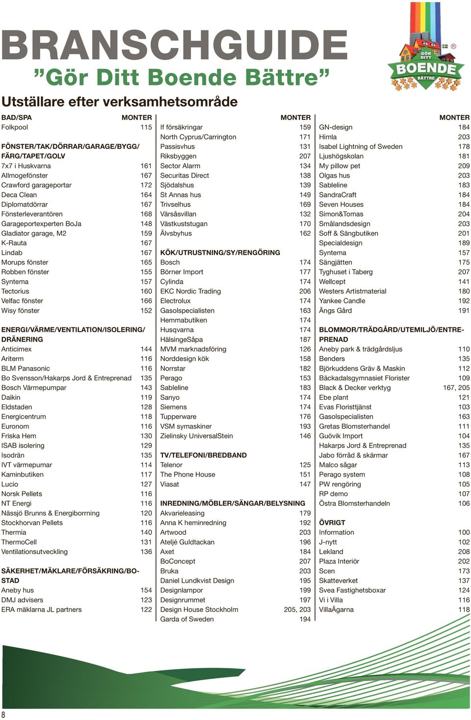 157 Tectorius 160 Velfac fönster 166 Wisy fönster 152 ENERGI/VÄRME/VENTILATION/ISOLERING/ DRÄNERING Anticimex 144 Ariterm 116 BLM Panasonic 116 Bo Svensson/Hakarps Jord & Entreprenad 135 Bosch