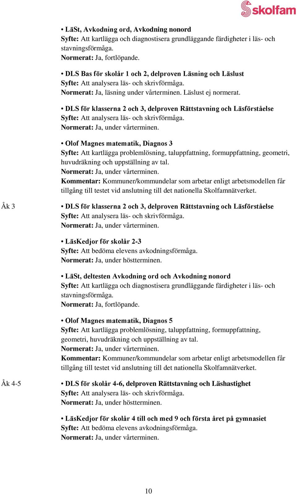 DLS för klasserna 2 och 3, delproven Rättstavning och Läsförståelse Syfte: Att analysera läs- och skrivförmåga. Normerat: Ja, under vårterminen.