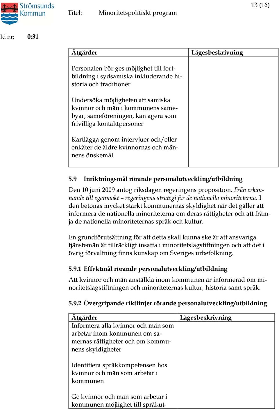 9 Inriktningsmål rörande personalutveckling/utbildning Den 10 juni 2009 antog riksdagen regeringens proposition, Från erkännande till egenmakt regeringens strategi för de nationella minoriteterna.