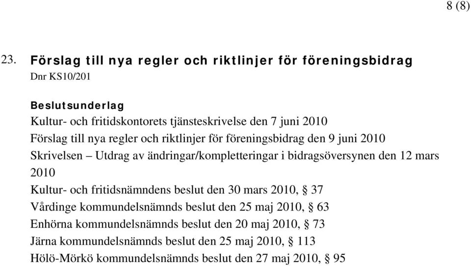 till nya regler och riktlinjer för föreningsbidrag den 9 juni 2010 Skrivelsen Utdrag av ändringar/kompletteringar i bidragsöversynen den 12