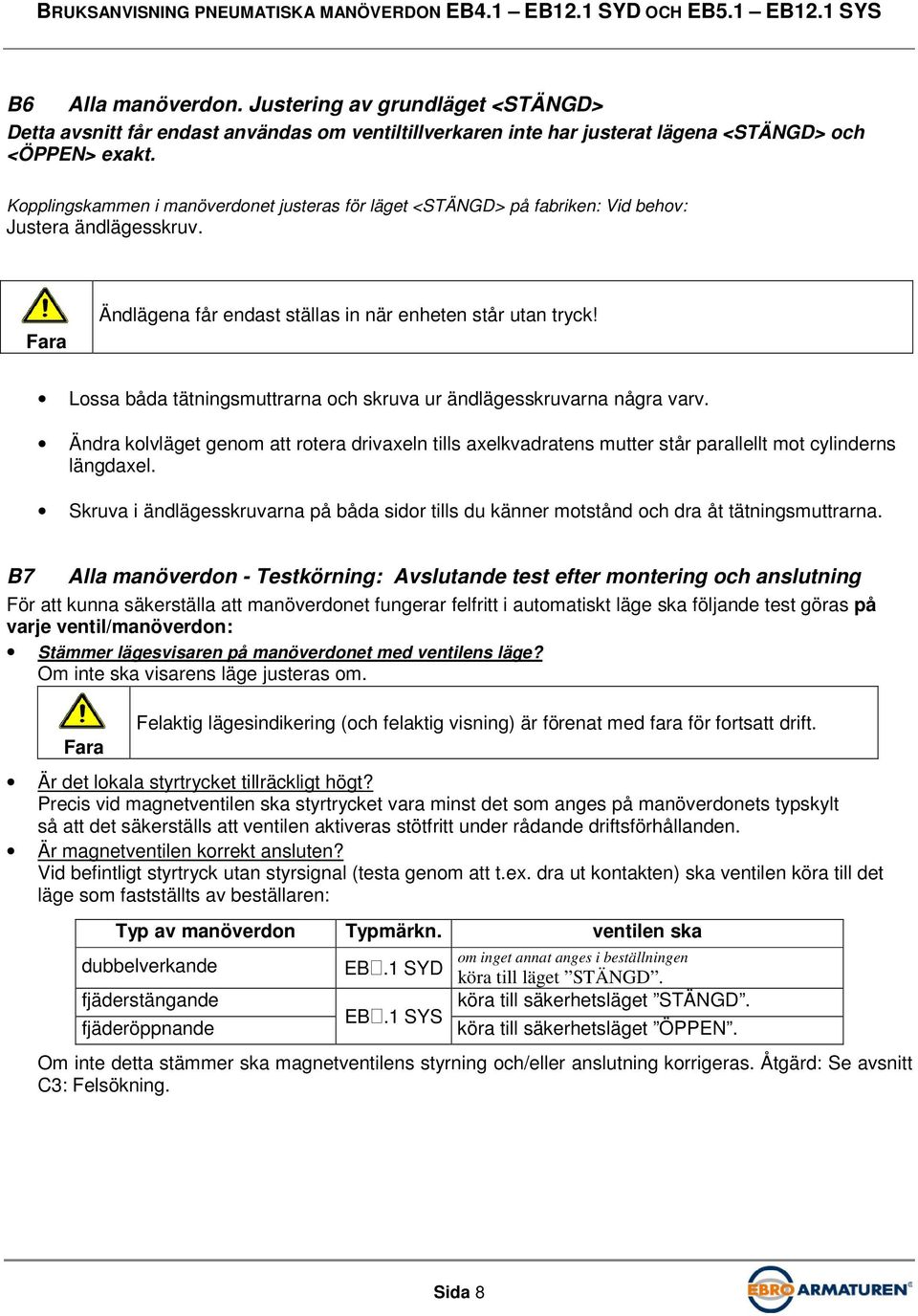 Lossa båda tätningsmuttrarna och skruva ur ändlägesskruvarna några varv. Ändra kolvläget genom att rotera drivaxeln tills axelkvadratens mutter står parallellt mot cylinderns längdaxel.