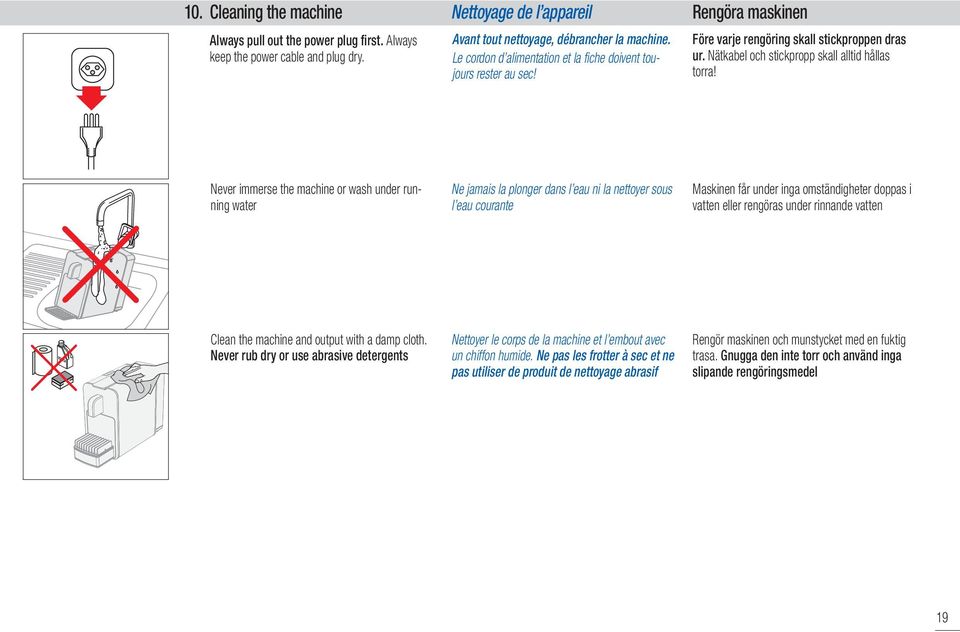 Never immerse the machine or wash under running water Ne jamais la plonger dans l eau ni la nettoyer sous l eau courante Maskinen får under inga omständigheter doppas i vatten eller rengöras under