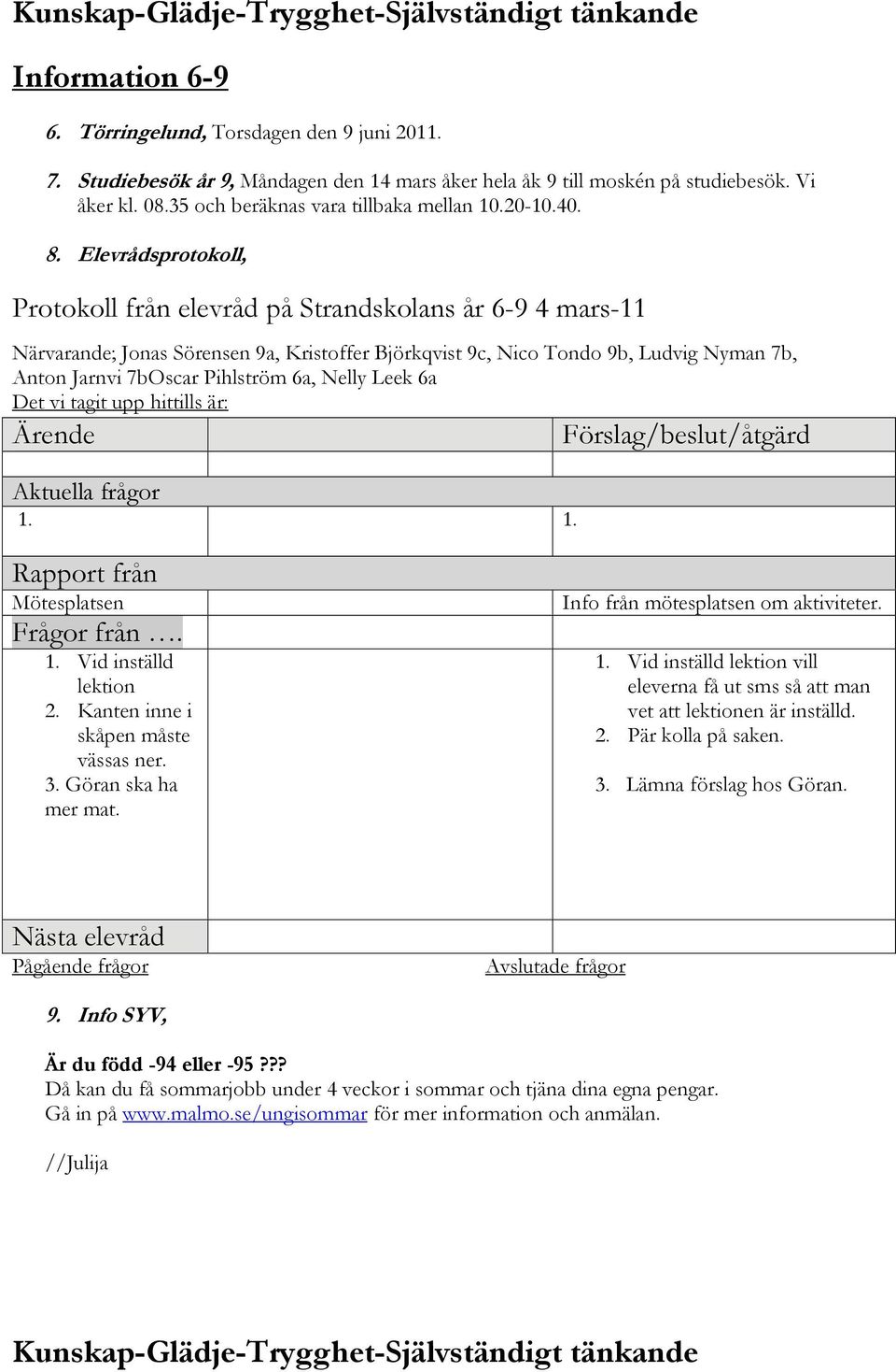 Elevrådsprotokoll, Protokoll från elevråd på Strandskolans år 6-9 4 mars-11 Närvarande; Jonas Sörensen 9a, Kristoffer Björkqvist 9c, Nico Tondo 9b, Ludvig Nyman 7b, Anton Jarnvi 7bOscar Pihlström 6a,