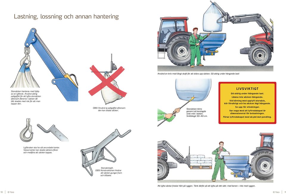 Storsäcken töms genom två korslagda snitt mitt i botten. Snittlängd 30 40 cm. LIVSVIKTIGT Gå aldrig under hängande last. Lämna inte säcken hängande.