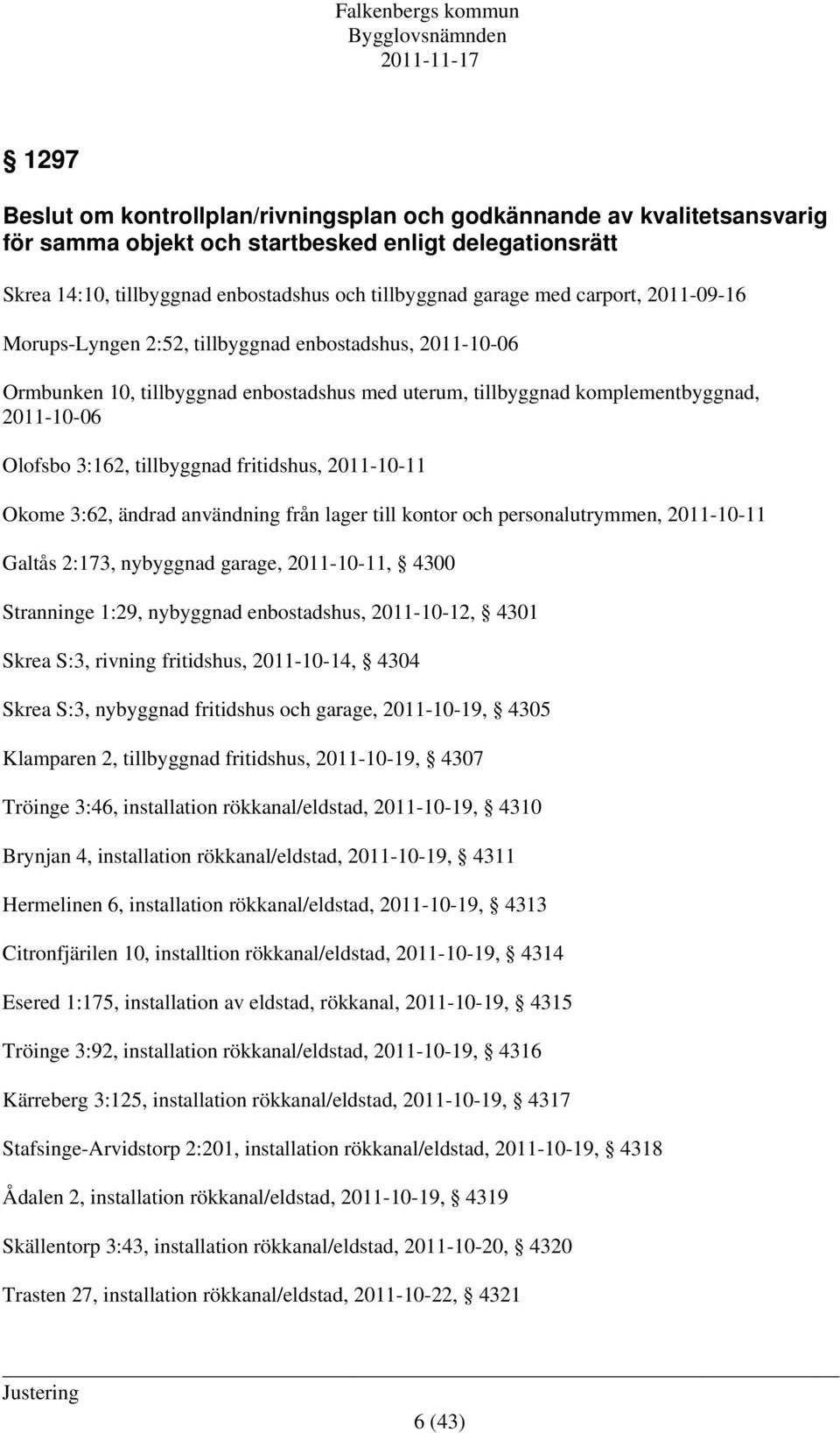 fritidshus, 2011-10-11 Okome 3:62, ändrad användning från lager till kontor och personalutrymmen, 2011-10-11 Galtås 2:173, nybyggnad garage, 2011-10-11, 4300 Stranninge 1:29, nybyggnad enbostadshus,