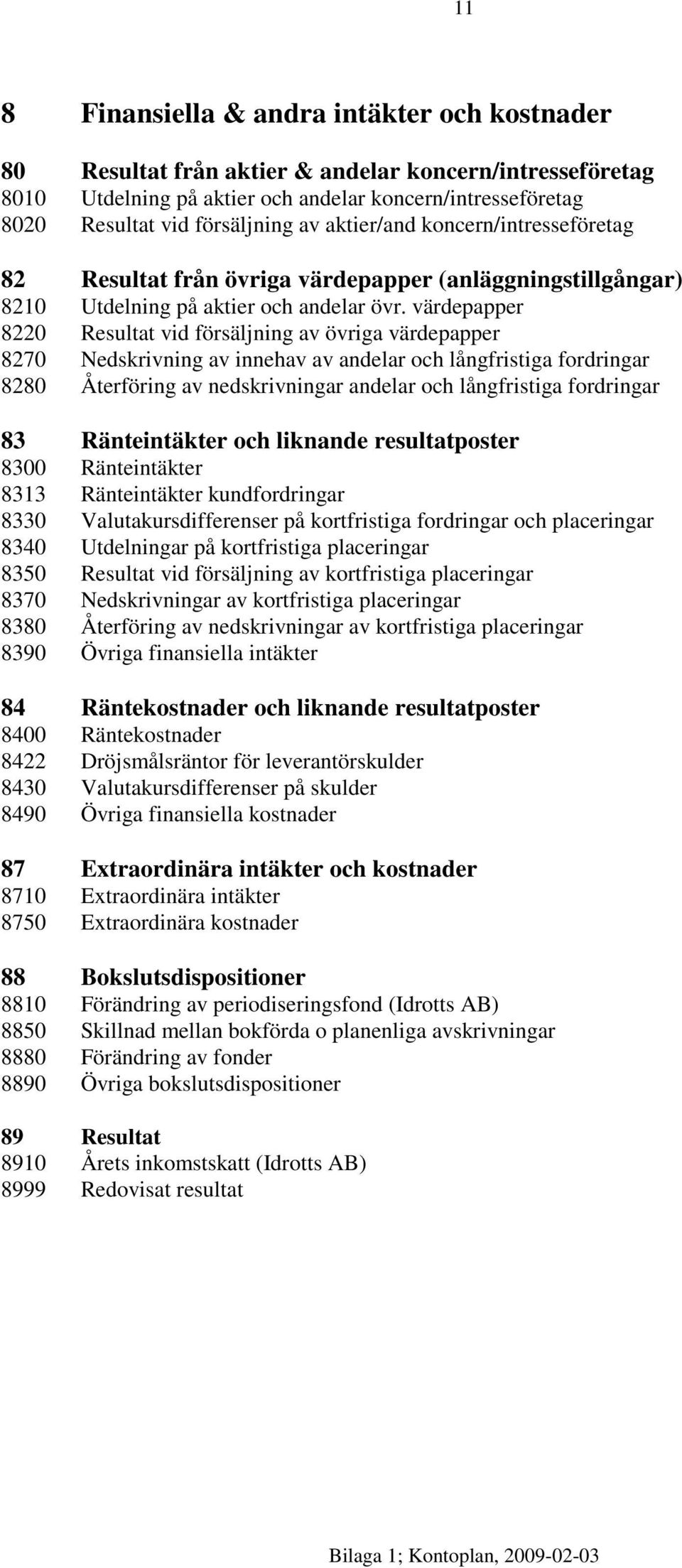 värdepapper 8220 Resultat vid försäljning av övriga värdepapper 8270 Nedskrivning av innehav av andelar och långfristiga fordringar 8280 Återföring av nedskrivningar andelar och långfristiga