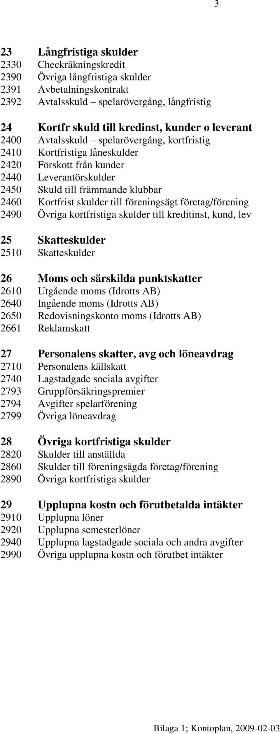 föreningsägt företag/förening 2490 Övriga kortfristiga skulder till kreditinst, kund, lev 25 Skatteskulder 2510 Skatteskulder 26 Moms och särskilda punktskatter 2610 Utgående moms (Idrotts AB) 2640