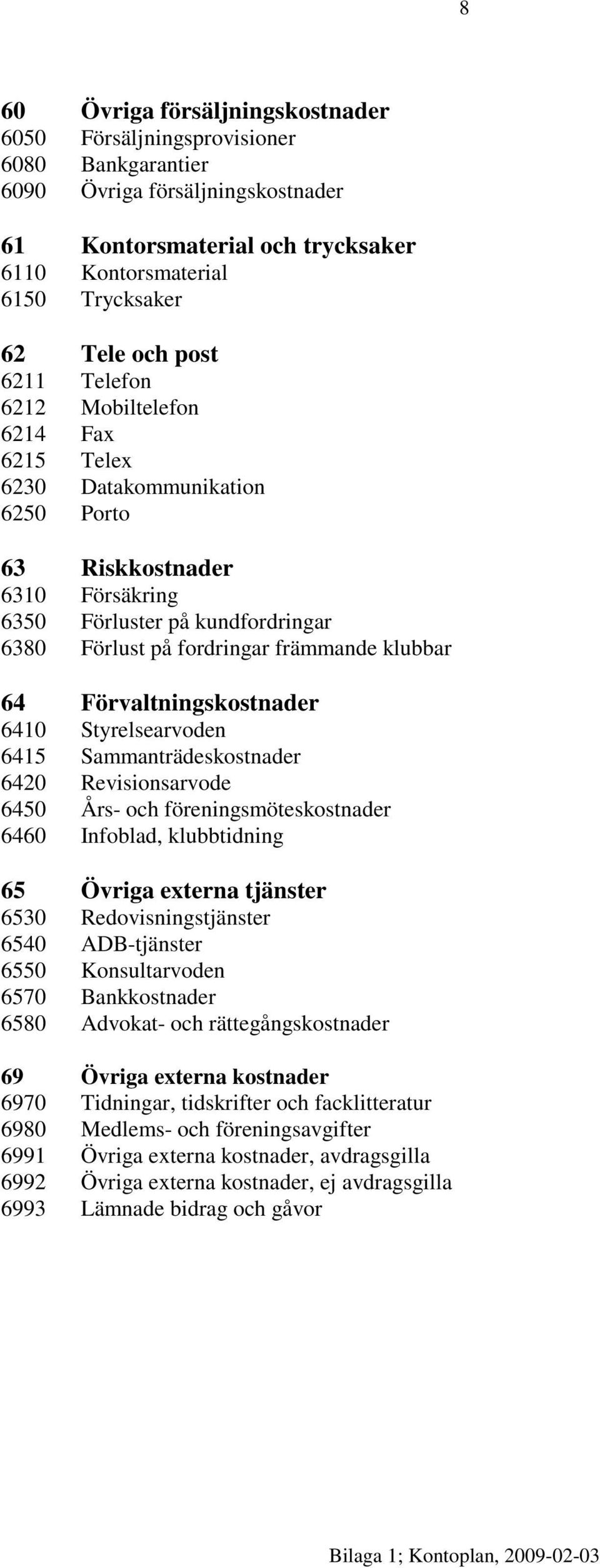 klubbar 64 Förvaltningskostnader 6410 Styrelsearvoden 6415 Sammanträdeskostnader 6420 Revisionsarvode 6450 Års- och föreningsmöteskostnader 6460 Infoblad, klubbtidning 65 Övriga externa tjänster 6530