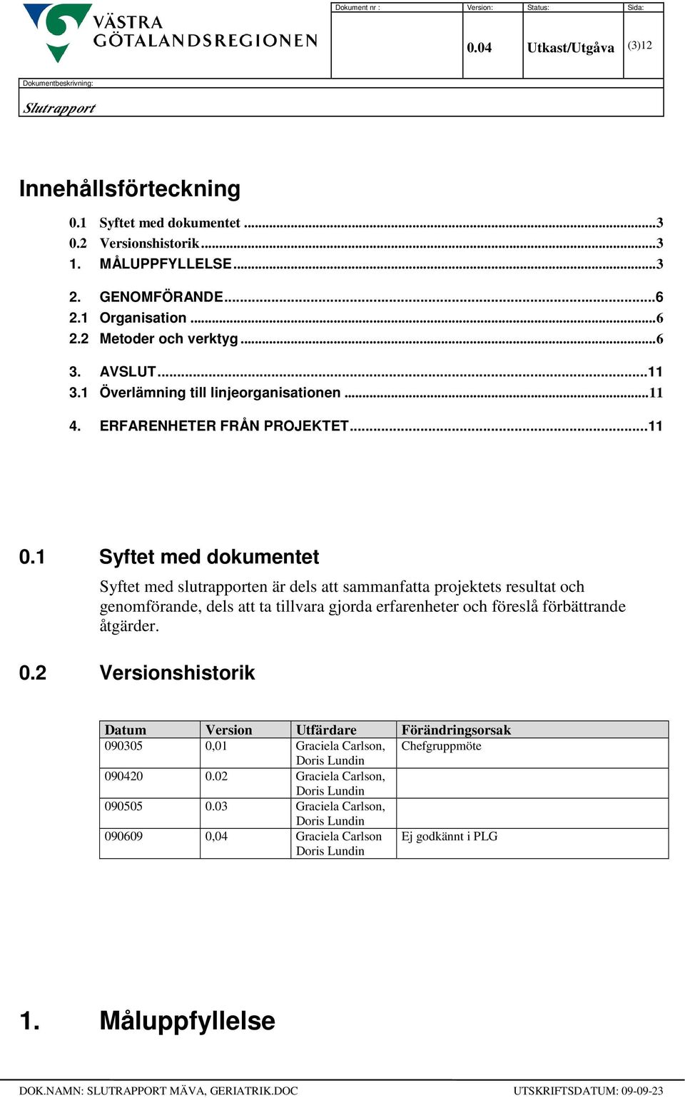 1 Syftet med dokumentet Syftet med slutrapporten är dels att sammanfatta projektets resultat och genomförande, dels att ta tillvara gjorda erfarenheter och föreslå förbättrande åtgärder. 0.