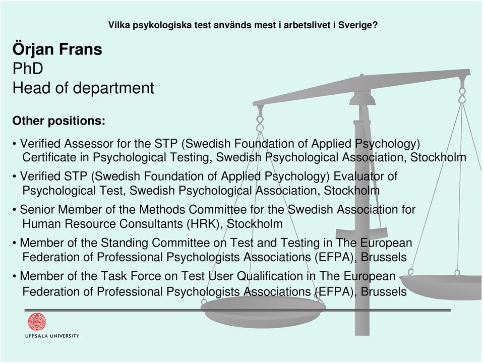 Psychology) Evaluator of Psychological Test, Swedish Psychological Association, Stockholm Senior Member of the Methods Committee for the Swedish Association for Human Resource Consultants (HRK),