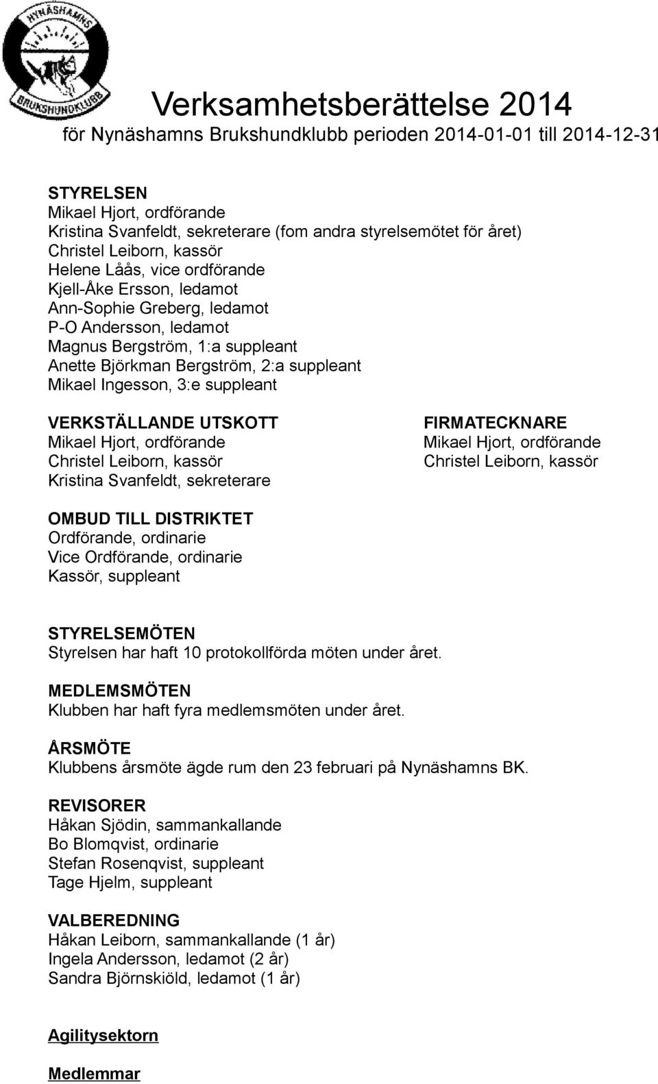 suppleant Mikael Ingesson, 3:e suppleant VERKSTÄLLANDE UTSKOTT FIRMATECKNARE Mikael Hjort, ordförande Mikael Hjort, ordförande Christel Leiborn, kassör Christel Leiborn, kassör Kristina Svanfeldt,