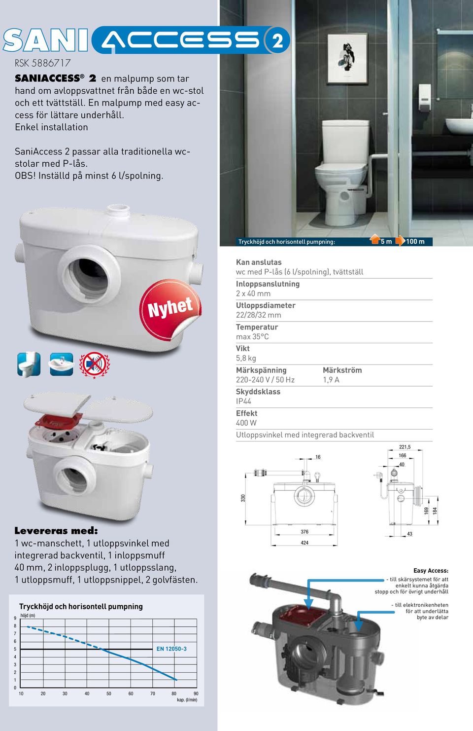 : m m wc med P-lås ( l/spolning), tvättställ Inloppsanslutning x mm // mm max C, kg - V / Hz, A W, wc-manschett, utloppsvinkel med integrerad backventil,