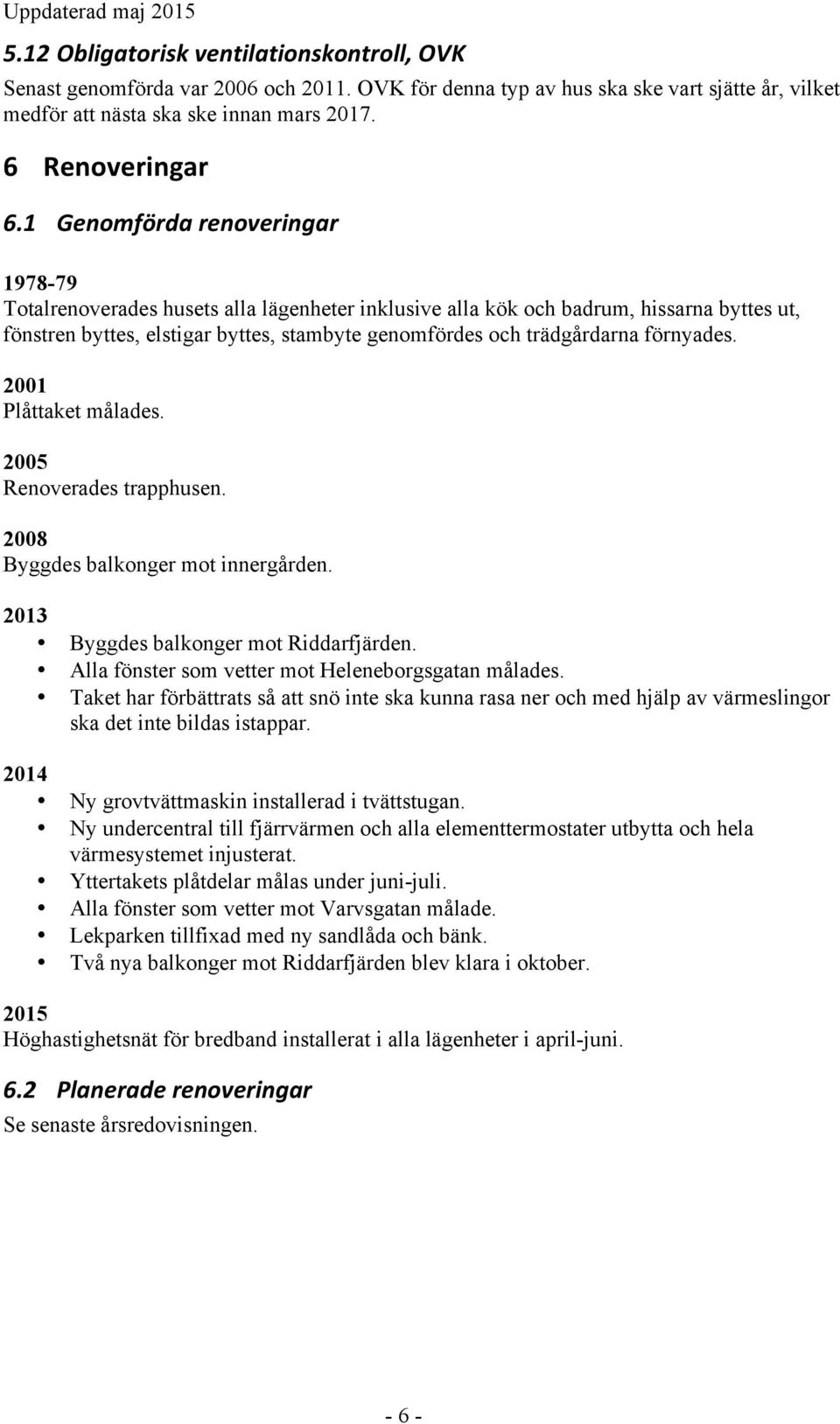 förnyades. 2001 Plåttaket målades. 2005 Renoverades trapphusen. 2008 Byggdes balkonger mot innergården. 2013 Byggdes balkonger mot Riddarfjärden. Alla fönster som vetter mot Heleneborgsgatan målades.