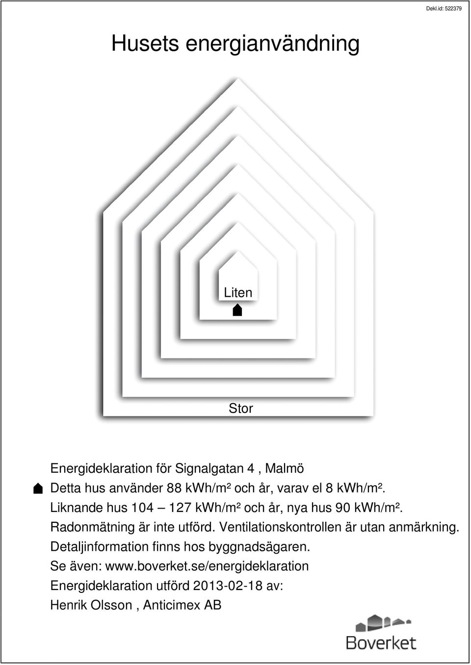 Radonmätning är inte utförd. Ventilationskontrollen är utan anmärkning.