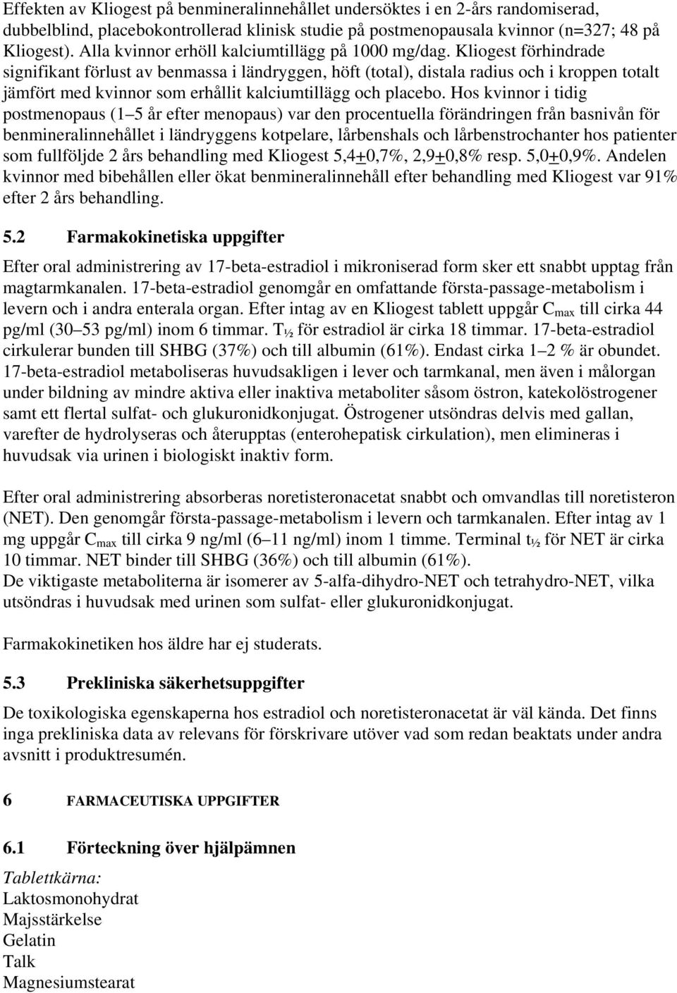 Kliogest förhindrade signifikant förlust av benmassa i ländryggen, höft (total), distala radius och i kroppen totalt jämfört med kvinnor som erhållit kalciumtillägg och placebo.